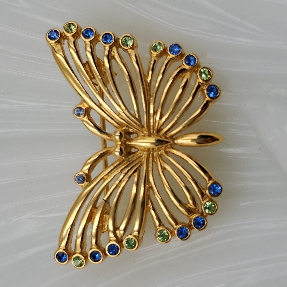 Gold Tone Butterfly with Blue & Green Rhinestones Brooch - Picture 2 of 5